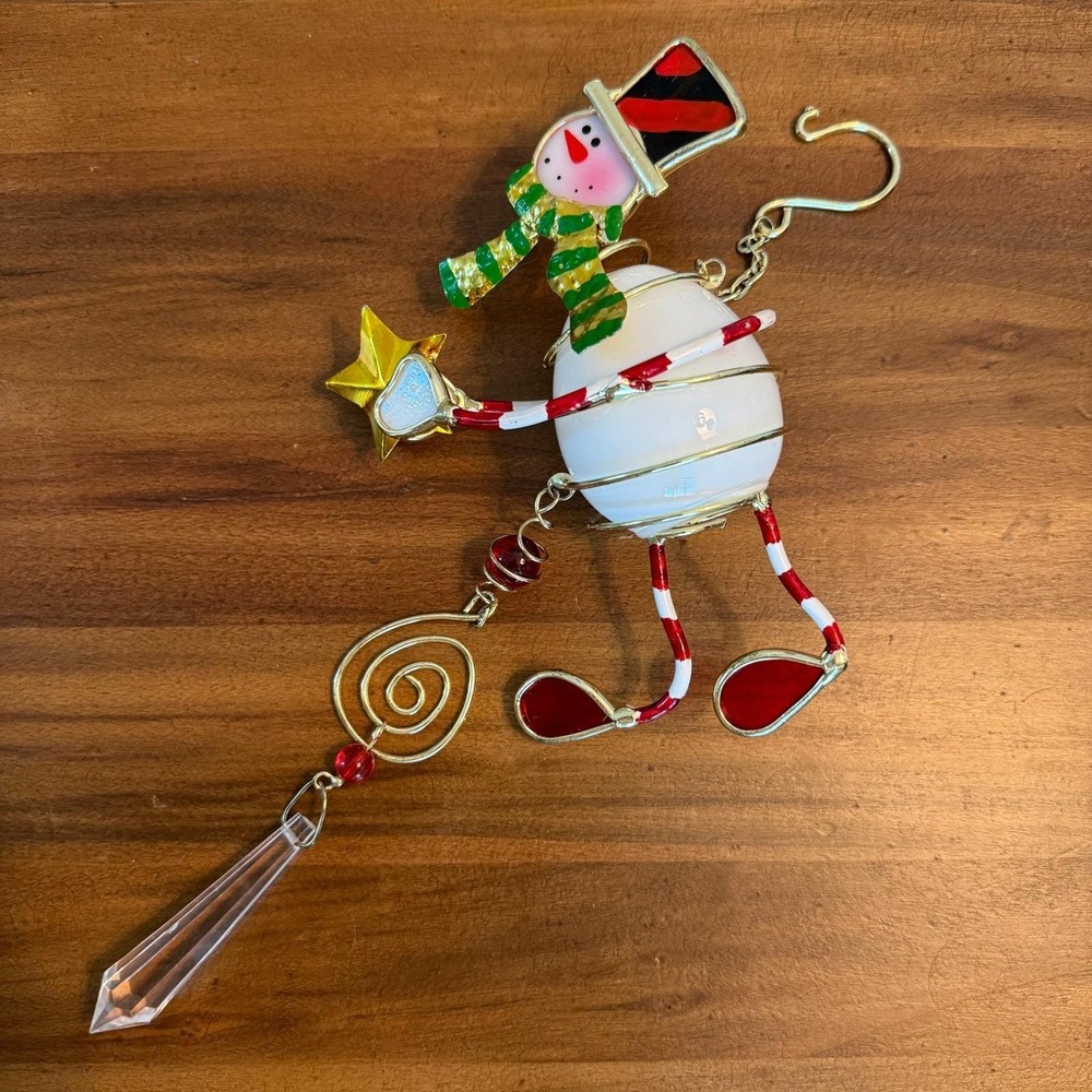 Vintage Snowman Stained Glass Suncatcher Whimsical Christmas Ornament Prism
